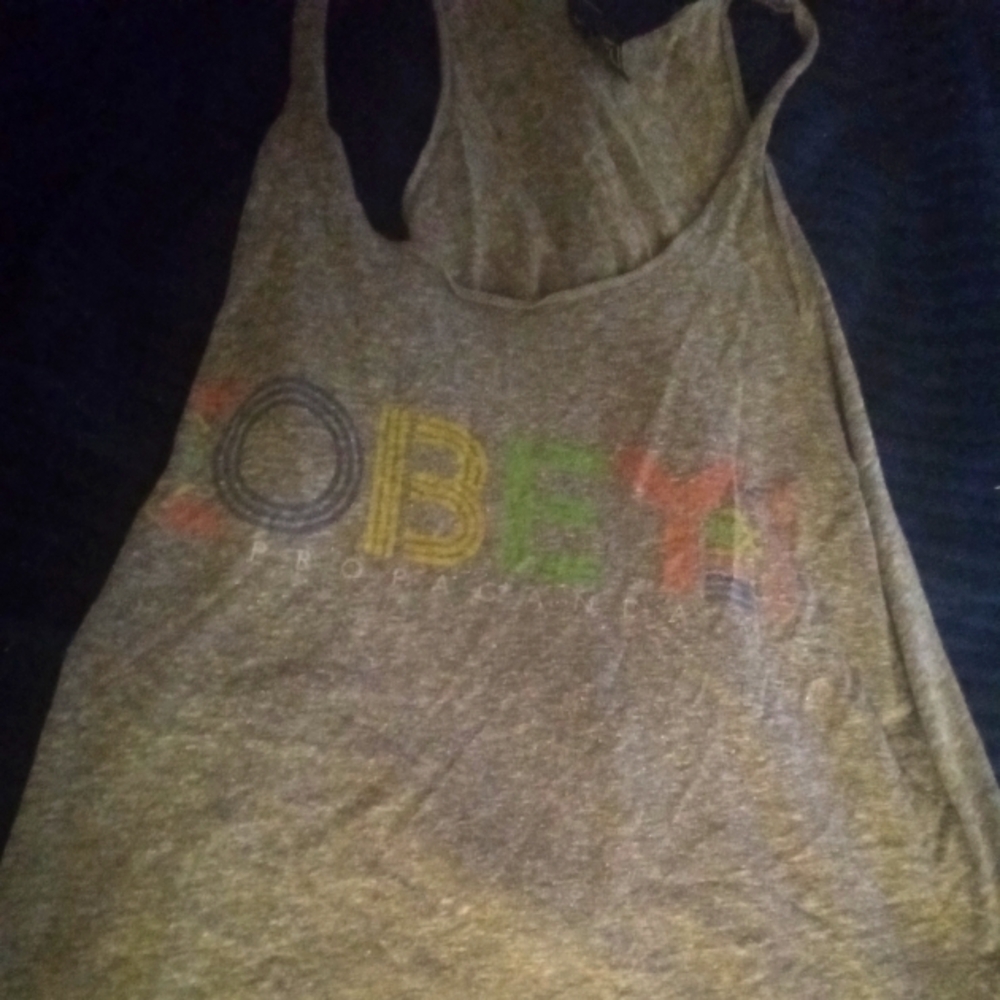 Obey Gray Graphic Tank Top, size M, the writing is in rainbow coloring.